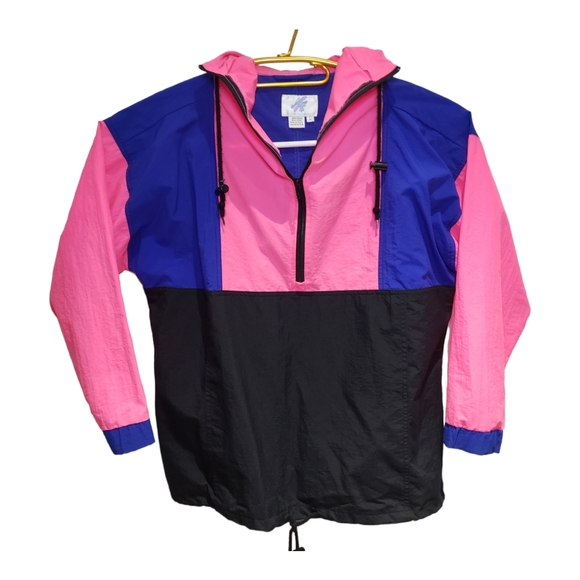 Active Elements Large Nylon Windbreaker Blue/Neon Pink Pullover Vintage - Picture 3 of 8